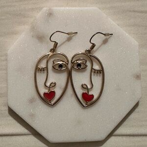 Gold and Red Abstract Face Earrings